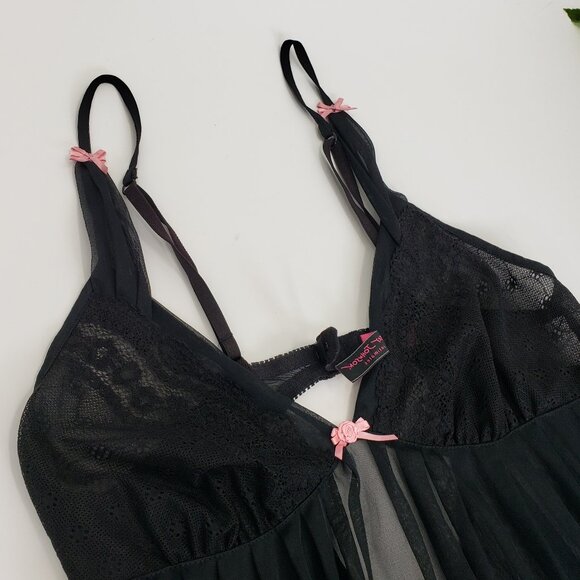 Vintage Betsey Johnson Intimates Babydoll Negligee Size S Black Sheer Pink Bows - Picture 9 of 10